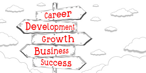 Career, development, growth, business, success - outline signpost with five arrows