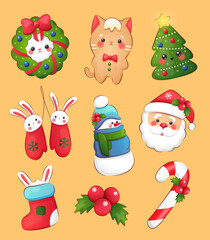 Obraz na płótnie Canvas Christmas and New Year holiday collection. Christmas stickers with funny Christmas symbols characters on a yellow background. Merry Christmas and Happy New Year!