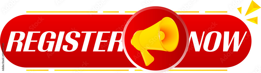 Poster Megaphone with register now on white background. Megaphone banner. Web design. Vector