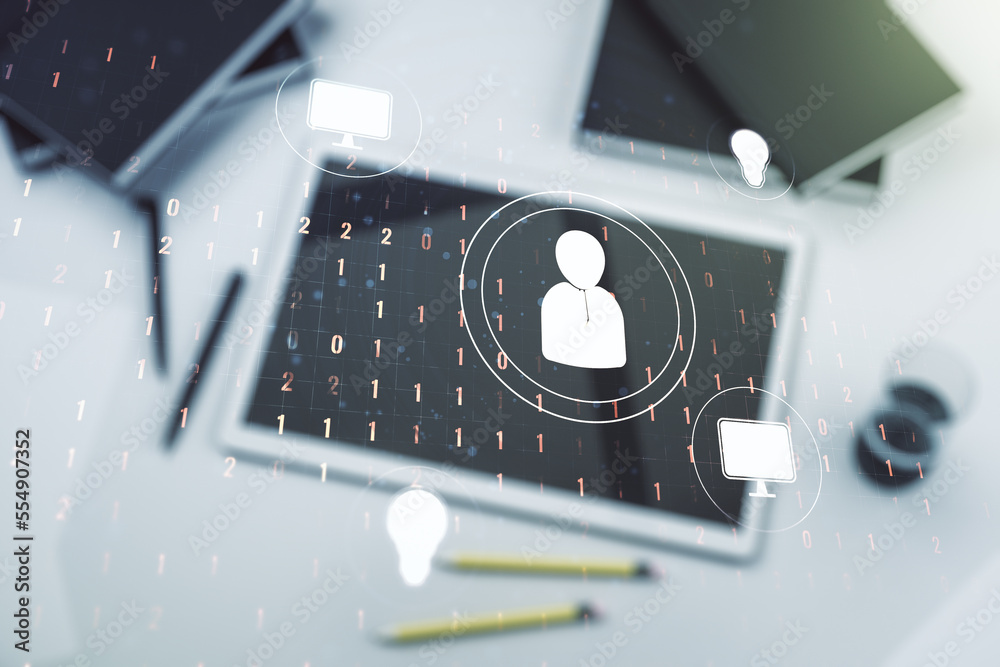 Poster social network media concept and modern digital tablet on desktop on background, top view. double ex