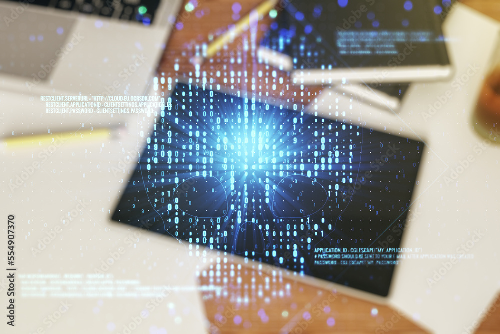Poster creative code skull sketch and modern digital tablet on background, theft of personal data and malwa