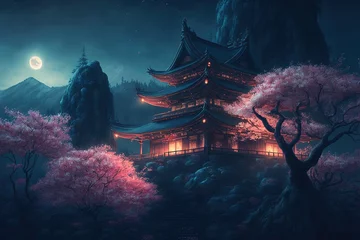 Peel and stick wall murals Place of worship Beautiful Chinese temple on a mountain with Sakura trees at night, bright moon in the sky, generative ai