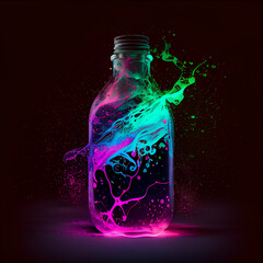 Glass bottle filled with neon liquid generative art
