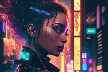 A beautiful cyberpunk woman in a futuristic neon light city at night, generative ai