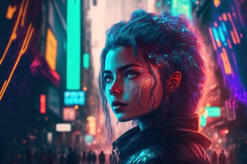 A beautiful woman in a futuristic neon light city at night, generative ai
