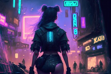 Fototapeta na wymiar A sexy anime girl with short pants from behind in a colorful neon light cyberpunk city at night, generative ai