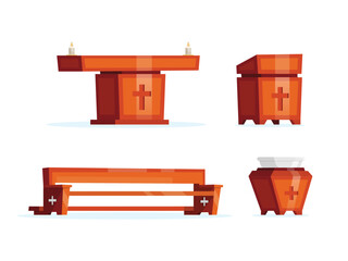 Wooden church furniture set. Altar, pew, lectern and baptismal font - 554908196
