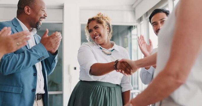 Business people, handshake and welcome applause in office for business woman in b2b deal. Partnership, shaking hands and team hands in support of thank you, success and motivation in celebration