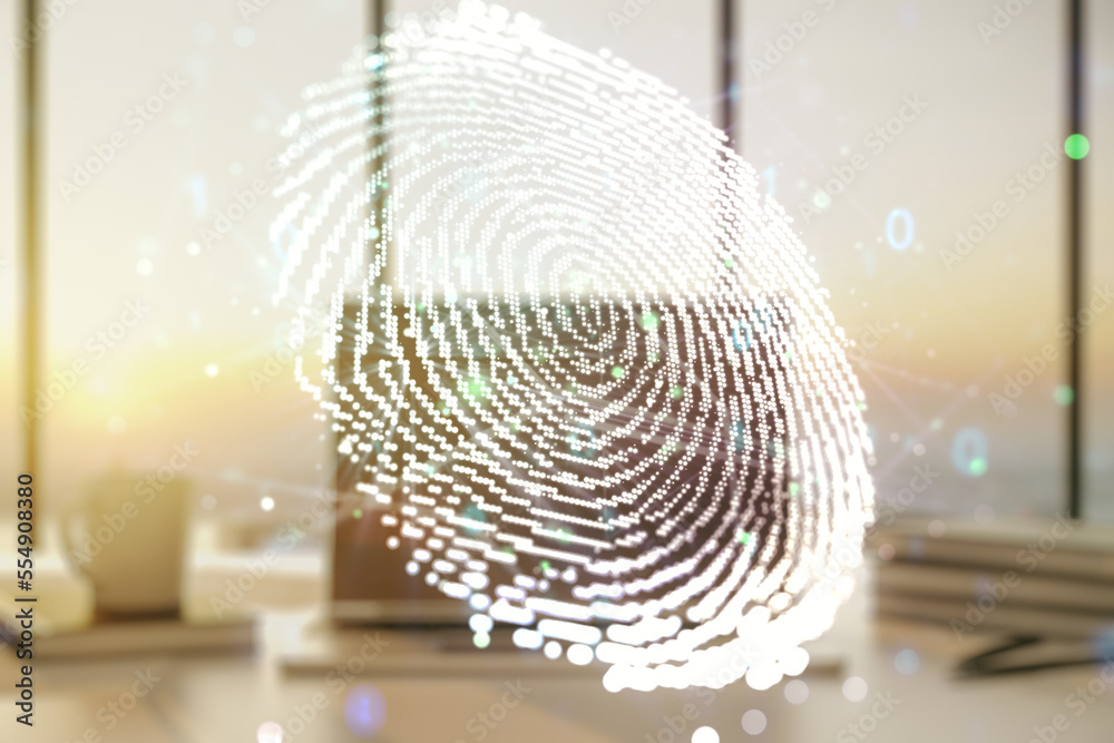 Poster abstract creative fingerprint illustration on modern computer background, personal biometric data co