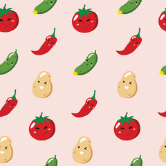 Cute seamless pattern with cartoon vegetables - tomato, potato, pepper chilli and cucumber. Illustration for cards, posters, flyers, webs and other use.