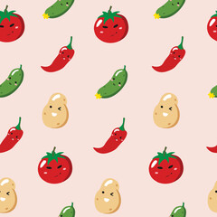 Cute seamless pattern with cartoon vegetables - tomato, potato, pepper chilli and cucumber. Vector illustration for cards, posters, flyers, webs and other use.