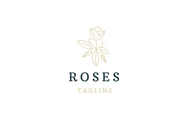 Luxury rose flower with line art style logo design template