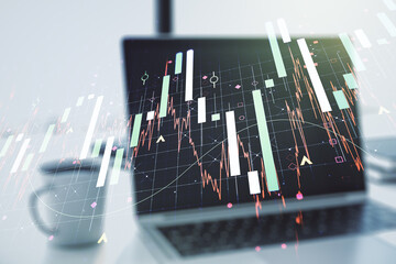 Abstract creative financial graph on modern laptop background, financial and trading concept. Multiexposure