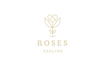 Luxury rose flower with line art style logo design template