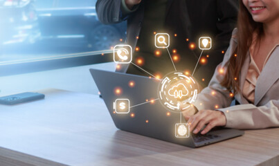 Naklejka premium Double exposure of portrait of successful businessman working on laptop computer online technology