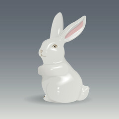 Realistic porcelain white rabbit. Holiday decoration. Vector illustration. 