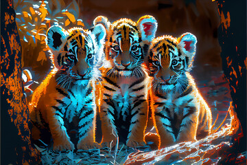 Glitch art tiger cubs generative art