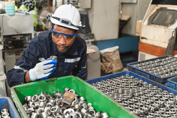 African American engineer man checking metal ring spare with machine background at factory	
