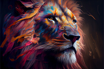 Lion made of oil paint generative art - obrazy, fototapety, plakaty