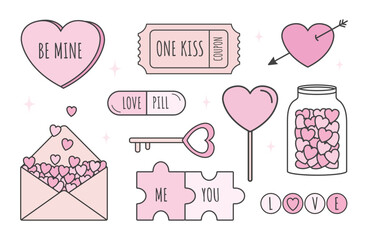 Valentine's Day set of elements, heart shape, key, lolipop, puzzle, pill, jar, coupon, letter, arrow