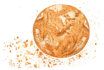 Top view of wholegrain ructic bread isolated on white  background closeup. Bread with crumbs Flat lay.