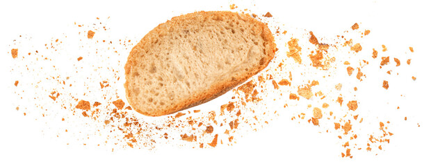 Top view of wholegrain ructic bread isolated on white  background closeup. Flat lay.