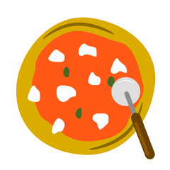 illustrazione con pizza Margherita e olive e rotella per taglio su sfondo trsparente


