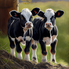 Calves on a farm oil painting style generative art