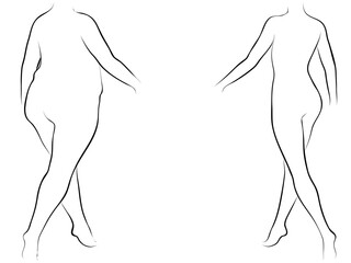 Fototapeta premium Vector conceptual fat overweight obese female vs slim fit healthy body after weight loss or diet with muscles thin young woman isolated. Fitness, nutrition or fatness obesity, health silhouette shape