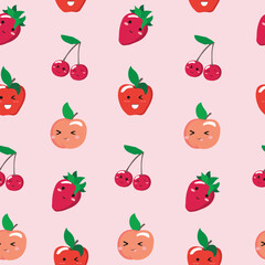 Cute seamless pattern with cartoon fruits and berries - cherry, strawberry and peach. Vector illustration for cards, posters, flyers, webs and other use.