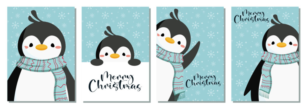 Set of Merry Christmas and happy new year greeting card with cute Penguin. Holiday cartoon character in winter season. Vector Illustration