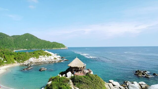 Santa Marta Colombia , Tayrona Natural Park Caribbean sea Cabo San Juan  - Drone aerial view of amazing  sand beach and  forest - Tourist attraction for relax and enjoy the paradise of the ocean sea 