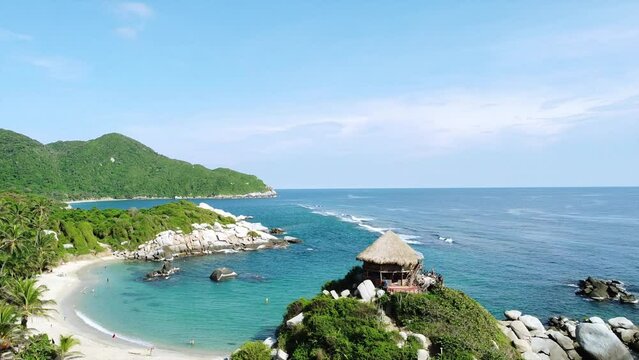Santa Marta Colombia , Tayrona Natural Park Caribbean sea Cabo San Juan  - Drone aerial view of amazing  sand beach and  forest - Tourist attraction for relax and enjoy the paradise of the ocean sea 
