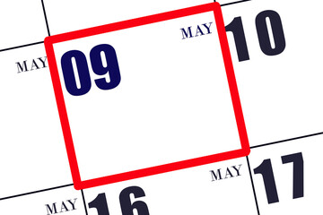 Daily calendar for 9 May. Spring month, day of the year concept.