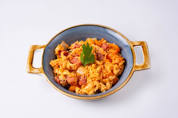 stewed vegetables with meat. on a white background