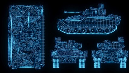 3D rendering illustration Tank blueprint glowing neon hologram futuristic show technology security for premium product business finance  