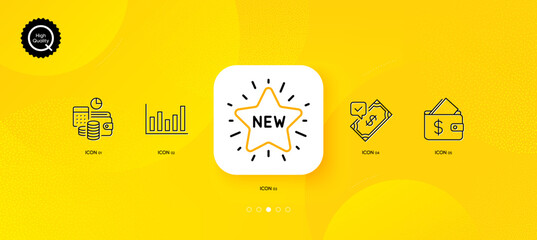 Fototapeta na wymiar Accepted payment, Budget accounting and Wallet minimal line icons. Yellow abstract background. New star, Column chart icons. For web, application, printing. Vector