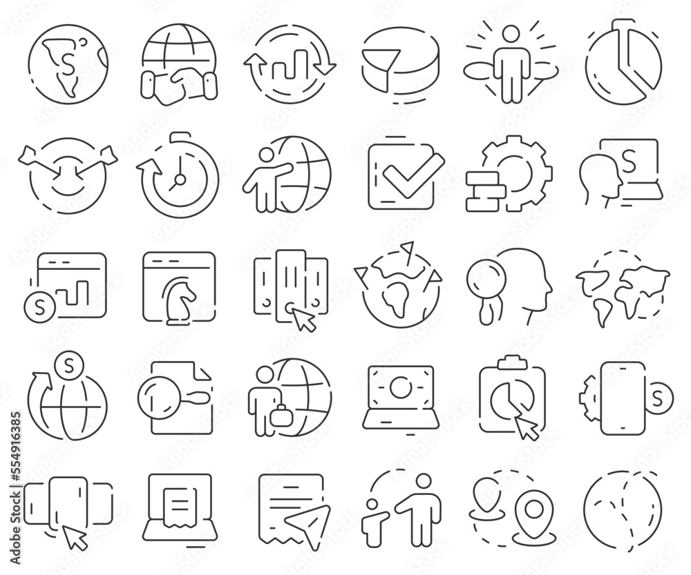 Poster global business line icons collection. thin outline icons pack. vector illustration eps10