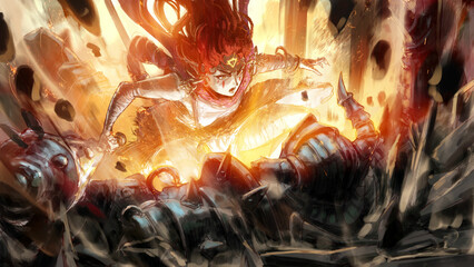 A furious warrior girl with red hair with a club in a frenzy with a deadly jump tramples a huge monster knight in plate armor with horns, stones fly apart from her blast blow. 2d hand drawn anime art