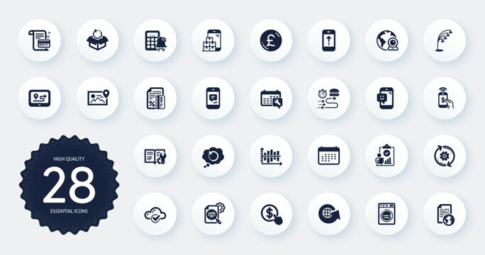 Set of Technology icons, such as Phone payment, Return package and Pound money flat icons. Mobile inventory, World globe, Recovery data web elements. Message, Credit card, Gps signs. Vector