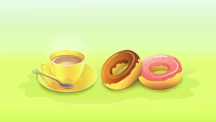 A yellow cup of coffee with milk with a yellow saucer with a spoon and two chocolate, berry or strawberry donuts or cupcakes on a green background. Beverages and confectionery. Vector illustration.