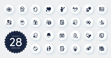 Set of Medical icons, such as Eye checklist, Stress grows and Check eye flat icons. Clean hands, Coronavirus, Coronavirus injections web elements. Shield, Vaccine report. Circle buttons. Vector