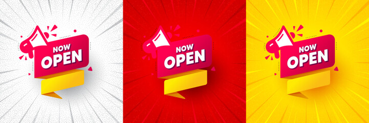 Now open banner. Flash offer banner, coupon or poster. Announcement notice tag. Megaphone message icon. Now open promo banner. Retail marketing flyer. Starburst pop art. Vector