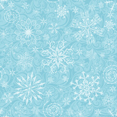 Gentle blue seamless Christmas pattern with white snowflakes and frost curls