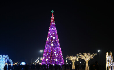 Dushanbe, Tajikistan - December 18 2022:Independence Istiklol square Christmas tree illumination