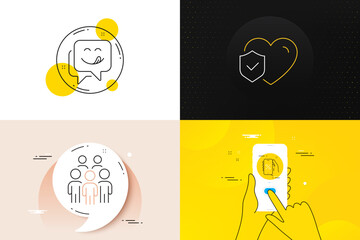 Minimal set of Life insurance, Discounts app and Yummy smile line icons. Phone screen, Quote banners. Group people icons. For web development. Risk coverage, Phone sale, Emoticon. Vector