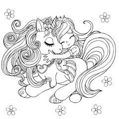Cute Princess hug unicorn.cartoon vector coloring book.