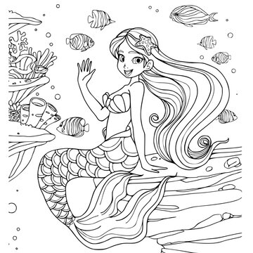 Mermaid coloring book page.vector illustration isolated on white background.
