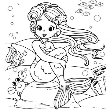 Mermaid coloring book page vector illustration.