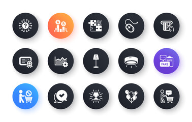 Minimal set of Question mark, Ab testing and Led lamp flat icons for web development. Puzzle game, Floor lamp, Operational excellence icons. Fake document, Stop shopping. Vector